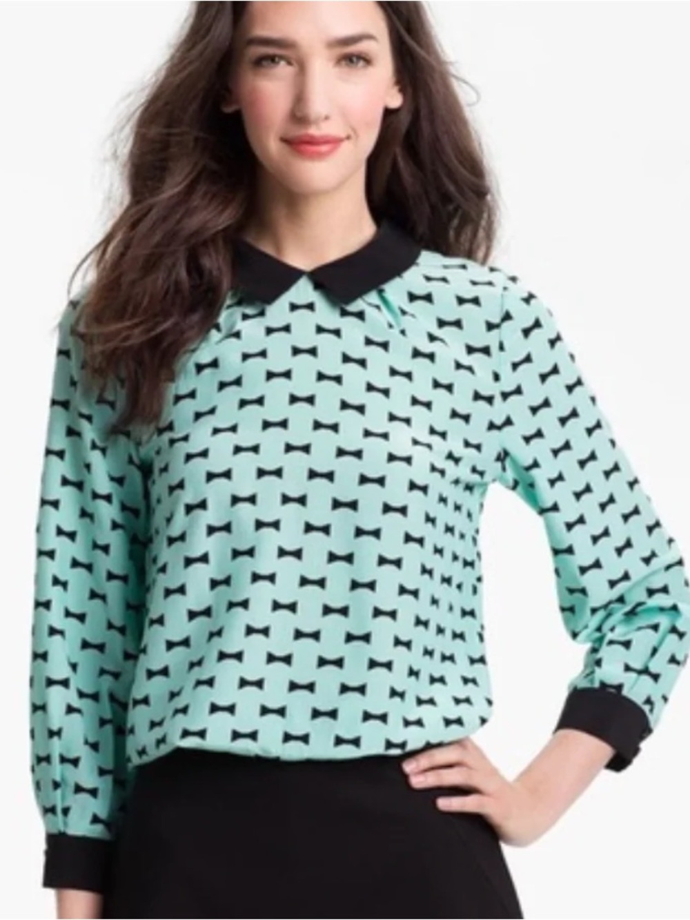 Kate Spade Silk Blend Bow Print Peter Pan Collar Blouse Mint Green Size 4